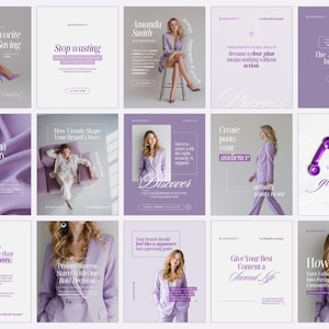 May include: A collection of Instagram post templates in shades of purple and white. The templates feature text overlays with phrases like "My Favorite Time Saving Hacks" and "Discover." Images of a woman in a purple suit are also included.
