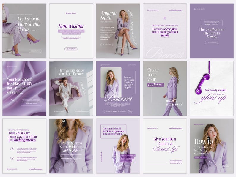May include: A collection of Instagram post templates in shades of purple and white. The templates feature text overlays with phrases like "My Favorite Time Saving Hacks" and "Discover." Images of a woman in a purple suit are also included.