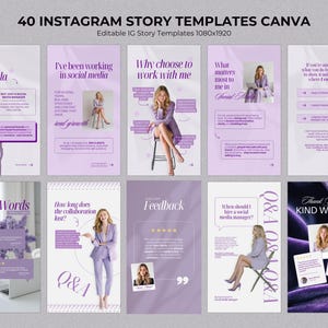 Può includere: Una raccolta di 40 modelli di storie di Instagram in una delicata combinazione di colori viola. I modelli includono testo e immagini, con frasi come "Hi, I'm Amanda", "Kind Words" e "Feedback". I modelli sono progettati per l'uso in Canva.
