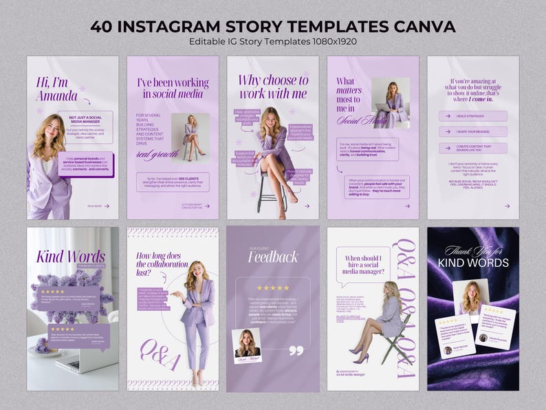 Puede incluir: Un conjunto de 40 plantillas de historias de Instagram en tonos morados. Las plantillas incluyen texto e im&aacute;genes, con frases como "Hi, I'm Amanda", "Kind Words" y "Feedback". Dise&ntilde;adas para Canva, las plantillas miden 1080x1920 p&iacute;xeles.