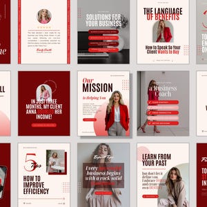 Może przedstawiać: Kolaż dziewięciu post&oacute;w na Instagramie z kobietą w czerwonym blazerze i białej koszuli. Posty zawierają tekst o coachingu biznesowym, marketingu i rozwoju osobistym. Tekst zawiera takie zwroty jak "Poznaj mnie", "Rozmowa odkrywcza", "Nasza misja", "Rozwiązania dla Twojej firmy", "Język korzyści", "Ucz się na swoich błędach", "Jak poprawić wydajność", "Pięć krok&oacute;w do skutecznego opowiadania historii w biznesie" i "Zajęło mi 2 tygodnie, żeby się tego nauczyć, ale nauczę Cię w".