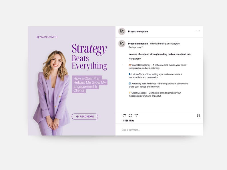 May include: A social media post with the text "Strategy Beats Everything" and "How a Clear Plan Helped Me Grow My Engagement & Clients." A woman in a lavender suit is featured. The post discusses branding.