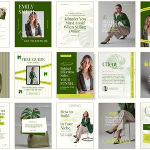 May include: A series of marketing graphics in green and white, featuring a woman in a green blazer. The images promote business coaching and online sales advice. The overall theme is professional, with text overlays offering business development strategies and guidance.