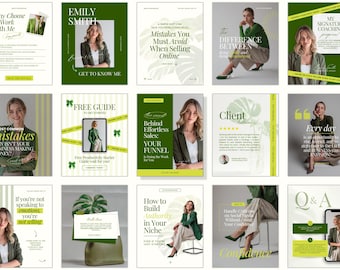 Green Instagram Canva Templates Kit, Social Media Posts, Coaches (Digital Download)