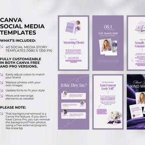 Puede incluir: Un conjunto de plantillas de redes sociales de Canva en tonos morados y blancos. Las plantillas incluyen dise&ntilde;os de historias con texto e im&aacute;genes, como "Attracting Clients" y "Thank You for Kind Words". La imagen tambi&eacute;n incluye texto.