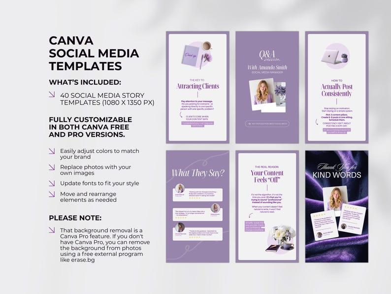 Puede incluir: Un conjunto de plantillas de redes sociales de Canva en tonos morados y blancos. Las plantillas incluyen dise&ntilde;os de historias con texto e im&aacute;genes, como "Attracting Clients" y "Thank You for Kind Words". La imagen tambi&eacute;n incluye texto.