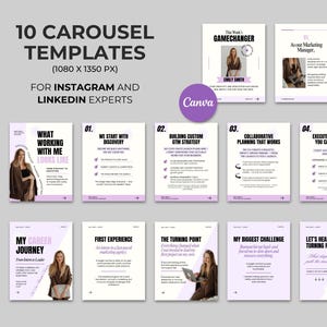 Könnte beinhalten: Ein Satz von 10 digitalen Marketingvorlagen für Instagram- und LinkedIn-Experten. Das Design verwendet ein hellviolettes und weißes Farbschema mit Text und Bildern. Die Vorlagen enthalten Titel wie "What Working With Me Looks Like" und "The Gamechanger".