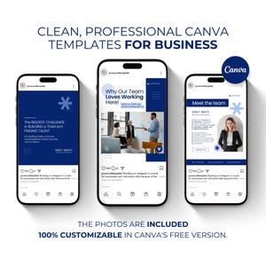 May include: Three smartphones displaying Canva templates for business. The screens feature blue and white designs with text like "The Biggest Challenge in Building a Team" and "Meet the Team." The text "CLEAN, PROFESSIONAL CANVA TEMPLATES FOR BUSINESS" is at the top.