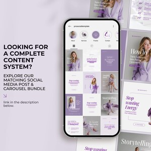 Puede incluir: Un tel&eacute;fono inteligente muestra un paquete de publicaciones y carruseles de redes sociales. Las publicaciones presentan a una mujer con una blazer morada. El texto incluye "LOOKING FOR A COMPLETE CONTENT SYSTEM?" y "Stop wasting Energy". La combinaci&oacute;n de colores es morado y blanco.