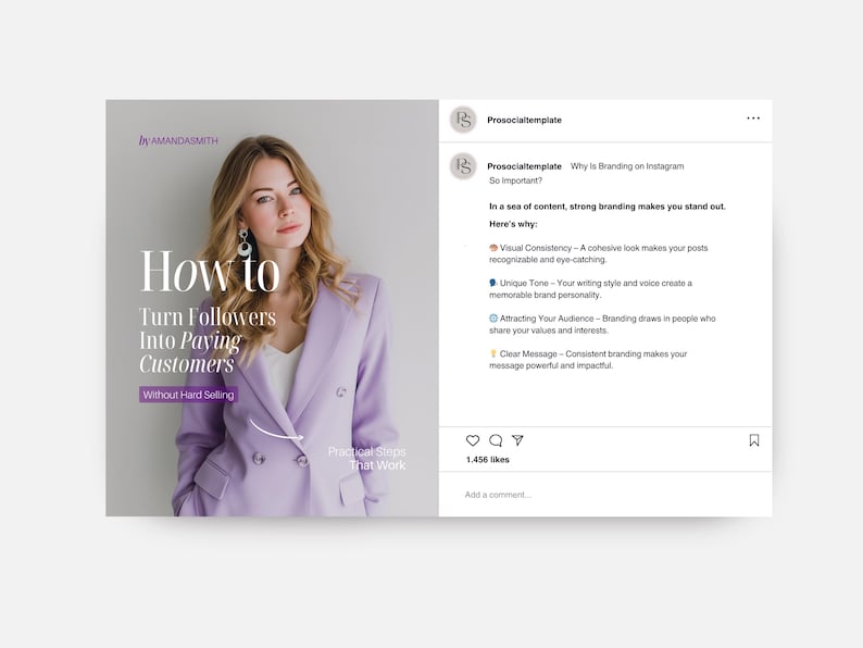 May include: An Instagram post promoting branding strategies. The image features a woman in a lavender blazer with text that reads "How to Turn Followers Into Paying Customers." The post explains the importance of branding.