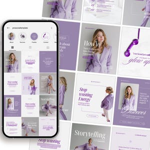 Puede incluir: Un teléfono inteligente muestra una plantilla de redes sociales con una cuadrícula de publicaciones en tonos morados y blancos. Las publicaciones presentan imágenes de una mujer con un traje lavanda, texto y gráficos. El texto incluye frases como "How to" y "Stop wasting Energy".