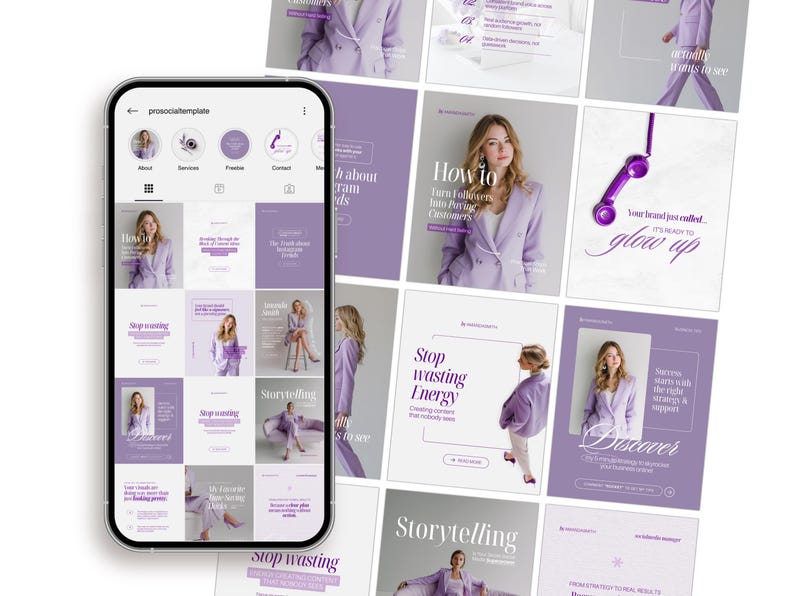May include: A smartphone displays a social media template with a grid of posts in shades of purple and white. The posts feature images of a woman in a lavender suit, text, and graphics. The text includes phrases like "How to" and "Stop wasting Energy."