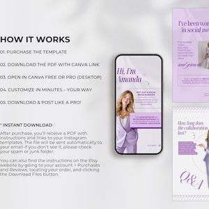 Puede incluir: Un conjunto de plantillas de marketing digital que se muestra en un tel&eacute;fono inteligente y dos dise&ntilde;os verticales. La pantalla del tel&eacute;fono muestra a una mujer con un traje p&uacute;rpura con el texto "Hi, I'm Amanda". Los dise&ntilde;os presentan texto e im&aacute;genes en una suave combinaci&oacute;n de colores p&uacute;rpura.