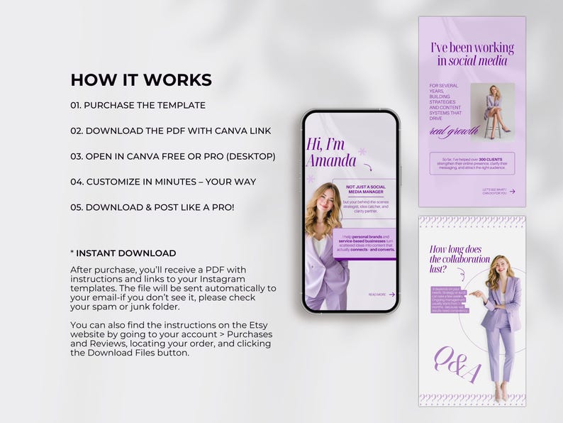 Puede incluir: Un conjunto de plantillas de marketing digital que se muestra en un tel&eacute;fono inteligente y dos dise&ntilde;os verticales. La pantalla del tel&eacute;fono muestra a una mujer con un traje p&uacute;rpura con el texto "Hi, I'm Amanda". Los dise&ntilde;os presentan texto e im&aacute;genes en una suave combinaci&oacute;n de colores p&uacute;rpura.