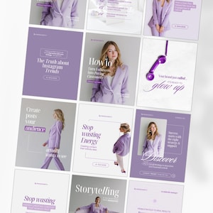 May include: A collection of Instagram marketing graphics in shades of purple and white. The graphics feature text such as "The Truth about Instagram Trends", "How to", and "glow up". Images of a woman in a purple suit are also included.