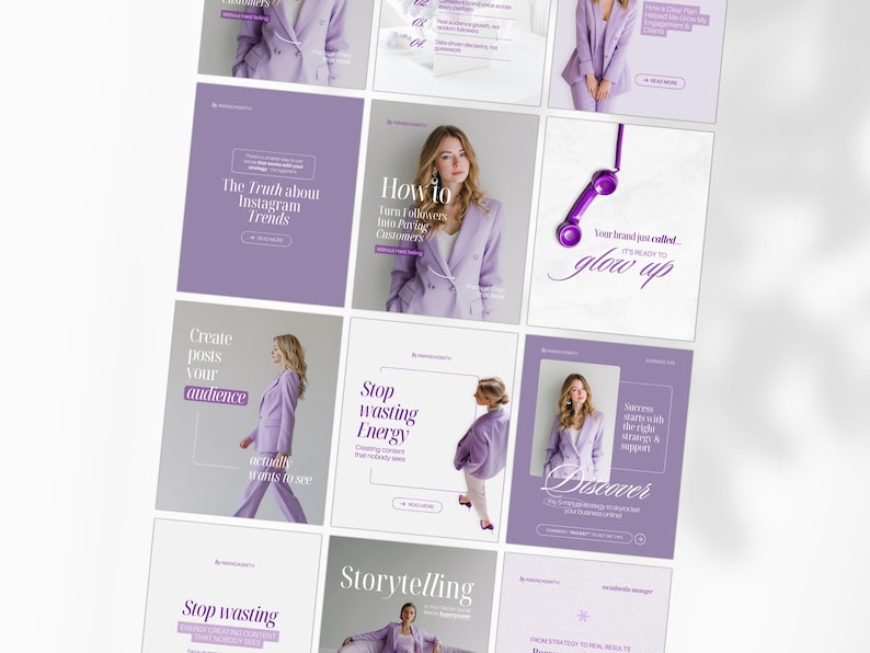May include: A collection of Instagram marketing graphics in shades of purple and white. The graphics feature text such as "The Truth about Instagram Trends", "How to", and "glow up". Images of a woman in a purple suit are also included.
