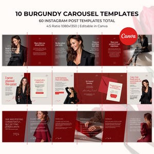 May include: A digital product featuring 10 burgundy carousel templates for Instagram posts. The templates are designed in a 4:5 ratio, 1080x1350 pixels, and are editable in Canva. The image includes text and graphics.