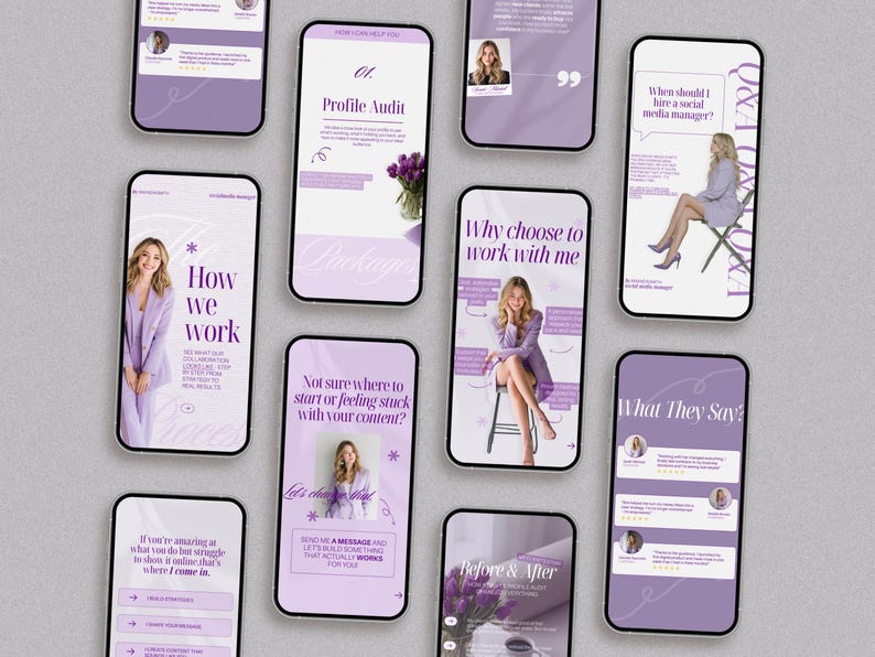 Puede incluir: Varios tel&eacute;fonos inteligentes que muestran contenido de marketing en redes sociales. Las pantallas presentan texto como "Profile Audit", "How we work" y "Before & After". Cada tel&eacute;fono tiene un esquema de color p&uacute;rpura y blanco, con im&aacute;genes de una mujer.