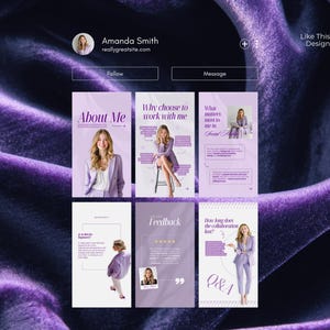 Puede incluir: Una plantilla de presentaci&oacute;n de marketing digital con un esquema de color p&uacute;rpura y blanco. La plantilla incluye secciones tituladas "Acerca de m&iacute;", "Por qu&eacute; elegir trabajar conmigo" y "Preguntas y respuestas". La presentaci&oacute;n presenta im&aacute;genes de una mujer con un traje p&uacute;rpura.