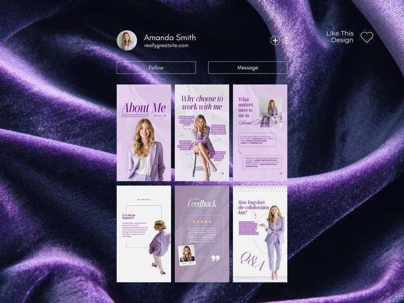 Puede incluir: Una plantilla de presentaci&oacute;n de marketing digital con un esquema de color p&uacute;rpura y blanco. La plantilla incluye secciones tituladas "Acerca de m&iacute;", "Por qu&eacute; elegir trabajar conmigo" y "Preguntas y respuestas". La presentaci&oacute;n presenta im&aacute;genes de una mujer con un traje p&uacute;rpura.