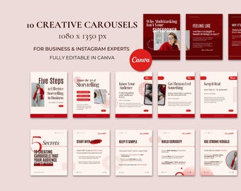 Könnte beinhalten: Eine Sammlung von 10 roten und weißen Instagram-Karussellvorlagen für Business- und Instagram-Experten. Die Vorlagen sind vollständig in Canva bearbeitbar und bieten Tipps für die Erstellung ansprechender Inhalte, darunter Storytelling, das Kennenlernen Ihres Publikums und das Wecken von Neugier.