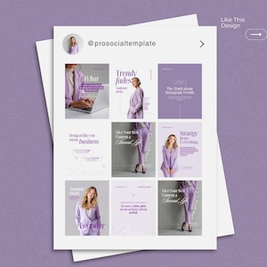 May include: A social media template design with a purple and white color scheme. The design includes images of a woman in a purple suit, text, and the handle @prosocialtemplate. The text includes phrases like "Trendy fades", "Design it like you mean business", and "Strategy beats everything."