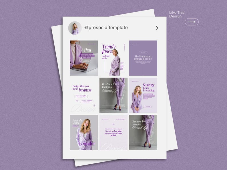 May include: A social media template design with a purple and white color scheme. The design includes images of a woman in a purple suit, text, and the handle @prosocialtemplate. The text includes phrases like "Trendy fades", "Design it like you mean business", and "Strategy beats everything."