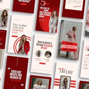 Może przedstawiać: Zbi&oacute;r czerwono-białych grafik do medi&oacute;w społecznościowych z tekstem o budowaniu marki osobistej, tworzeniu treści i generowaniu lead&oacute;w. Grafiki przedstawiają zdjęcia kobiet i cytaty o rozwoju osobistym.