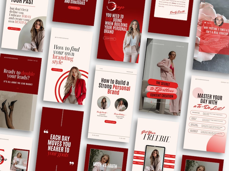 Może przedstawiać: Zbi&oacute;r czerwono-białych grafik do medi&oacute;w społecznościowych z tekstem o budowaniu marki osobistej, tworzeniu treści i generowaniu lead&oacute;w. Grafiki przedstawiają zdjęcia kobiet i cytaty o rozwoju osobistym.