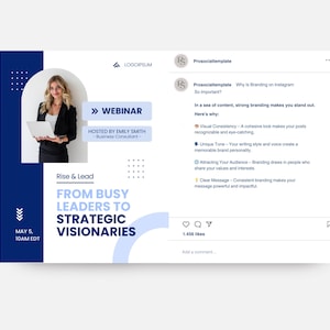 May include: A webinar advertisement with a blue and white design. It features a woman holding a laptop, the text "WEBINAR" and "Hosted by Emily Smith - Business Consultant". The ad promotes "Rise & Lead FROM BUSY LEADERS TO STRATEGIC VISIONARIES".
