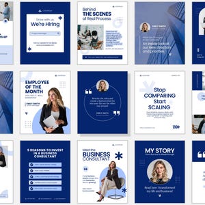 May include: A collection of marketing materials with a consistent blue and white color scheme. The graphics include text, headshots, and business-related themes such as hiring, leadership, and business consulting. The overall design is modern and professional.
