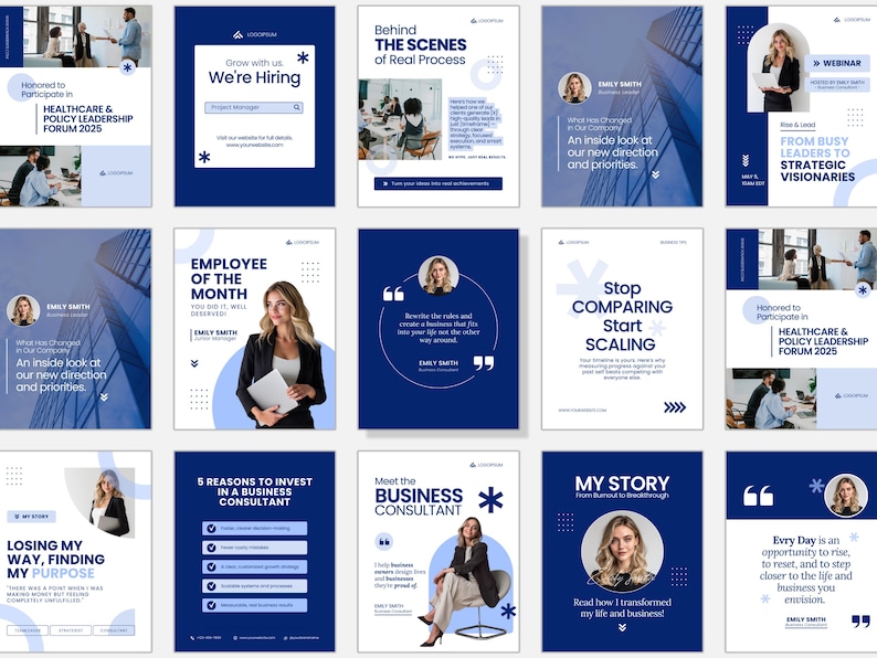 May include: A collection of marketing materials with a consistent blue and white color scheme. The graphics include text, headshots, and business-related themes such as hiring, leadership, and business consulting. The overall design is modern and professional.