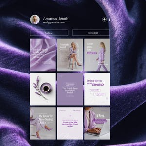 May include: A social media profile grid featuring a woman's photo and a website address. The grid showcases various posts with a consistent purple and white color scheme, including text overlays and images of a woman in stylish outfits.