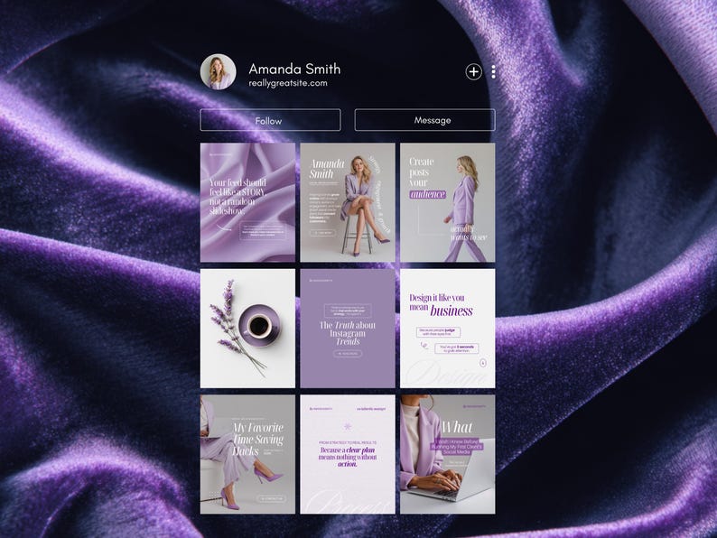 May include: A social media profile grid featuring a woman's photo and a website address. The grid showcases various posts with a consistent purple and white color scheme, including text overlays and images of a woman in stylish outfits.