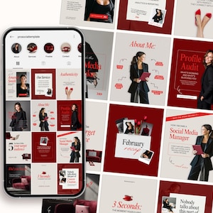 May include: A smartphone displays a social media template with a red and white color scheme. The template includes various layouts with text such as "About Me," "Profile Audit," and "February recap." The overall theme is professional and modern.