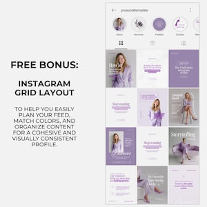 May include: A digital marketing template for Instagram, featuring a grid layout with a purple and white color scheme. The image includes text that reads "FREE BONUS: INSTAGRAM GRID LAYOUT" and "TO HELP YOU EASILY PLAN YOUR FEED, MATCH COLORS, AND ORGANIZE CONTENT FOR A COHESIVE AND VISUALLY CONSISTENT PROFILE."
