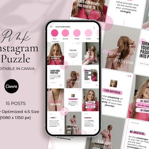 Peut inclure: Modèle de puzzle Instagram rose avec 15 publications, modifiable dans Canva. La conception présente une mise en page en grille avec des citations inspirantes et des images d'une femme en rose. Le modèle est optimisé pour une taille 4:5, 1080 x 1350 px.