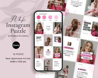 Pink Instagram Puzzle Feed Template, Modern Instagram Puzzle Grid, Editable Canva Template, Instagram Marketing