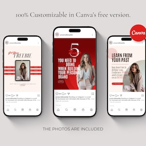 Może przedstawiać: Trzy szablony post&oacute;w na Instagramie z czerwonym i białym tłem. Pierwszy szablon przedstawia kobietę na czerwonym tle z tekstem "Get Your Freebie". Drugi szablon przedstawia kobietę na czerwonym tle z tekstem "5 rzeczy, kt&oacute;re musisz przestać robić, budując swoją osobistą markę". Trzeci szablon przedstawia kobietę na r&oacute;żowym tle z tekstem "Ucz się na swoich błędach".
