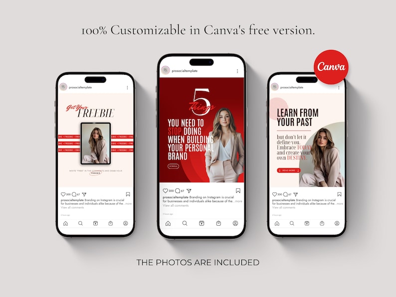 Może przedstawiać: Trzy szablony post&oacute;w na Instagramie z czerwonym i białym tłem. Pierwszy szablon przedstawia kobietę na czerwonym tle z tekstem "Get Your Freebie". Drugi szablon przedstawia kobietę na czerwonym tle z tekstem "5 rzeczy, kt&oacute;re musisz przestać robić, budując swoją osobistą markę". Trzeci szablon przedstawia kobietę na r&oacute;żowym tle z tekstem "Ucz się na swoich błędach".