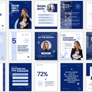 Op de afbeelding: Een verzameling business- en marketinginfographics in blauw en wit. De graphics bevatten tekst, grafieken en afbeeldingen, waaronder een vrouw met een notitieblok. Onderwerpen zijn onder meer bedrijfsstrategie en AI-automatisering.