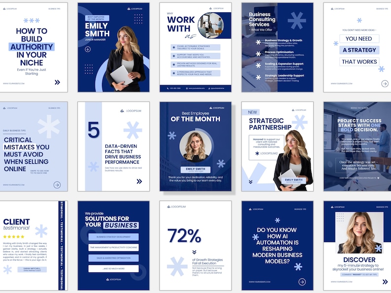 May include: A collection of business and marketing infographics in shades of blue and white. The graphics feature text, charts, and images, including a woman holding a notepad. Topics include business strategy, AI automation, and client testimonials.
