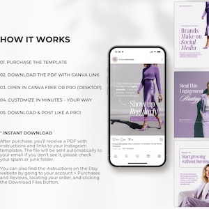 May include: A smartphone displays an Instagram template with a woman in purple attire, promoting social media branding. Additional templates showcase marketing strategies. Text includes "How it Works" and "Instant Download."