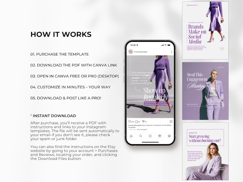 May include: A smartphone displays an Instagram template with a woman in purple attire, promoting social media branding. Additional templates showcase marketing strategies. Text includes "How it Works" and "Instant Download."