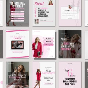 Plantillas de publicaciones, historias y carruseles de Instagram en tonos rosas. Plantillas editables de Canva para coaches, empresas y marcas personales. Redes sociales modernas.