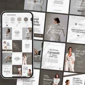 May include: A smartphone displays a social media template with various posts featuring a woman in a white suit. The posts include text like "Social Media Mistake" and "How I Create Carousels."