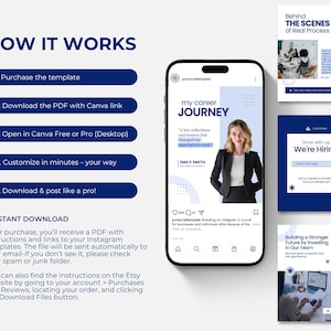 May include: A digital marketing template set with a smartphone mockup displaying a career journey post. Additional templates include a hiring announcement and behind-the-scenes content. Instructions are included.