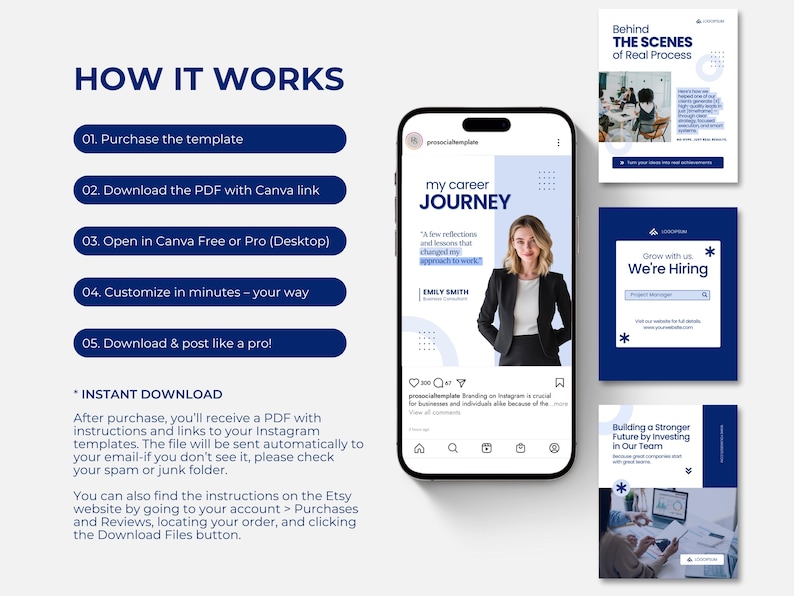May include: A digital marketing template set with a smartphone mockup displaying a career journey post. Additional templates include a hiring announcement and behind-the-scenes content. Instructions are included.