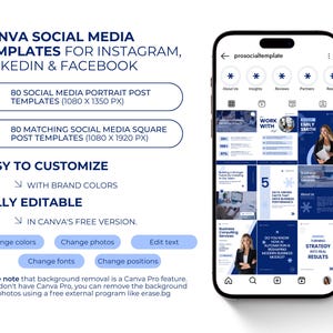 May include: A smartphone displays social media templates for Instagram, LinkedIn, and Facebook. The templates are for portrait and square posts, fully editable in Canva. The image includes text about customization options and a sample template design.