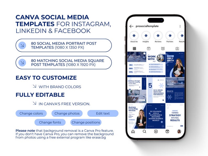 May include: A smartphone displays social media templates for Instagram, LinkedIn, and Facebook. The templates are for portrait and square posts, fully editable in Canva. The image includes text about customization options and a sample template design.